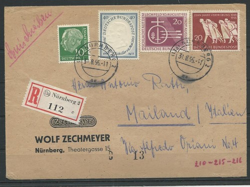 Bund BRD Nr. 210 + ZuF auf R-Brief Nürnberg - Mailand/Italien, 1955 #1055066