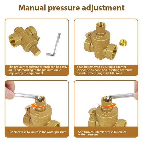 1Pc DN20 3/4" Brass Adjustable Water Pressure Reducing Regulator Valves w/ Gauge - Picture 9 of 12