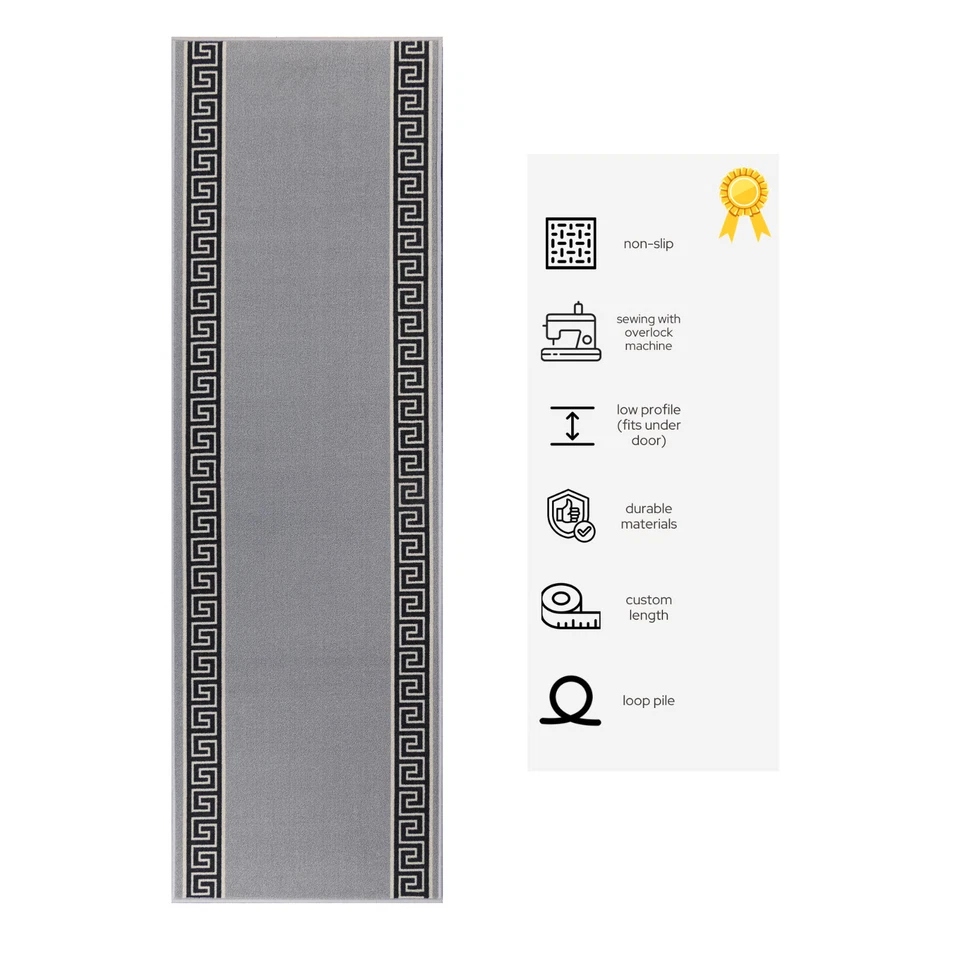 Custom Size Rubber Collection Meander Design Grey Non Slip Washable Runner Rug - Image 2 of 4