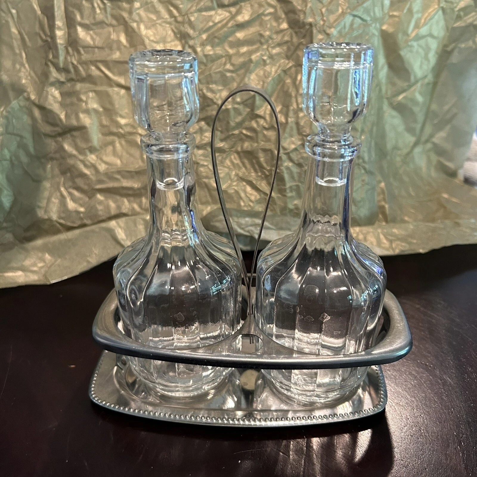 Vintage Table Oil Vinegar Glass Bottles Jars Silver Antique Holder Set