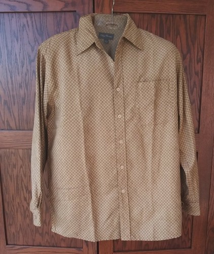 OLEG Cassini Shirt Men Large Brown Button Up 48 W Silk Long Sleeve Clock Design