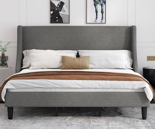 King Size Platform Bed Frame with Upholstered Headboard, Modern Deluxe Wingback,