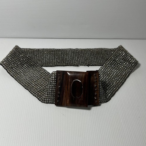 Belt clear glass look beads Elasticised Belt With Timber Buckle 68cm - Picture 6 of 10