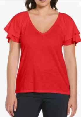 Rafaella Size M Red Women s Knit V-Neck Ruffled Short Sleeve Fashion Top