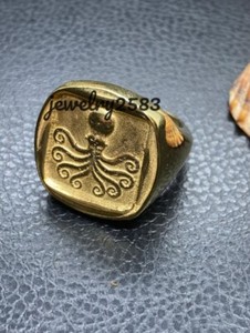 Authentic Solid Metal Men's Custom Octopus Charm Ring 14k Yellow Gold Plated Silver