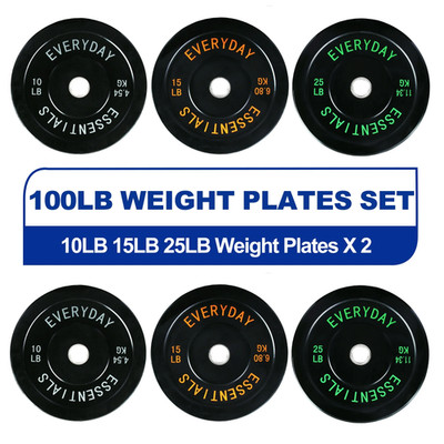 Olympic Bumper Plate Weight Lifting Set 100 Lbs Set Steel Hub Black Home Gym