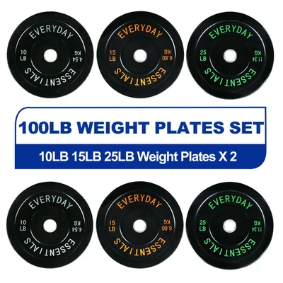 BALANCEFROM Olympic Bumper Plate Weight Lifting Set 100 Lbs Set Steel Hub Black Home Gym