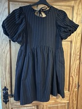 Nice Black Denim Pinstripe Dress Puff Sleeves Size 14 New