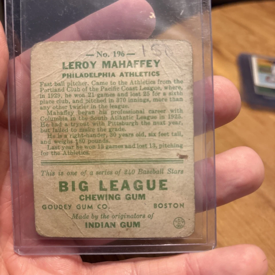 1933 Goudey Set-Break #196 Leroy Mahaffey LOW GRADE (filler) Marked - Image 2 of 2