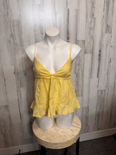 Pastel Yellow Linen Blend Eyelet Embroidered Smocked Back Babydoll Cami Top S