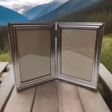 Vintage Silver Tone Metal 5x7 Dual Picture Photo Frame Glass Front Bi-fold