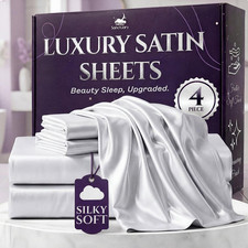Satin Sheets King Size   4 Piece Luxury Silky Bed Set, Softer than Silk, 15" Dee