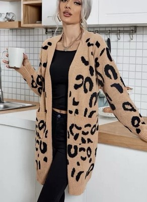 Beige Knit Cardigan Leopard Print Longline – Size Small Brown