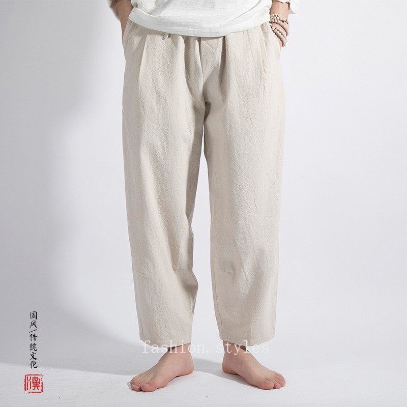 Retro Chinese Cotton Linen Mens Ankle Pants Loose Summer Casual M-4XL