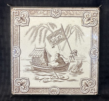 Vintage Minton Stoke On Trent Glazed Footed Tile Asian Theme 6 1/8