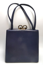 VINTAGE 1950 60s NAVY BLUE LEATHER HANDBAG CLASSIC CASE HAND BAG RUSSELL G BROWN