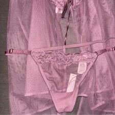 Victoria  s Secret Sheer Rose Lace Triangle Babydoll 2-Pc Set Purple Vapor Sz Med