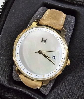MVMT Gold Pearl Face Women's Watch 38mm Date Quartz Tan Leather New In Box NOS