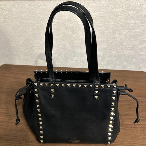 Valentino Hand Bag Tote Purse Studs Leather Black Authentic