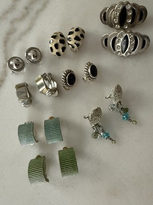 Vintage Lot Of 8 Pairs Clip Earrings, Silver tone w blues & greens, some signed