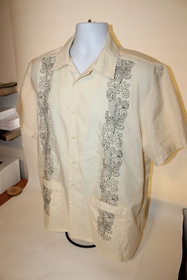 HABAND Guayabera Mens Large Short Sleeve Button Shirt Poly/Cotton Pockets Yellow - Image 3 of 4