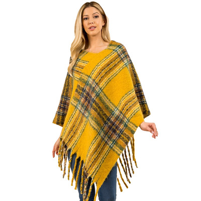 Women's Yellow Plaid Fringe Poncho One Size Soft Acrylic Fall Winter Wrap Cape