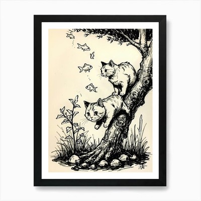 Zwei Katzen in einem Baum Kunstdruck gerahmt Wandbild Poster Leinwanddruck Bild