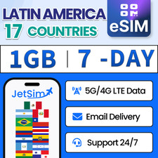 JetSim Latin America eSIM 7 Days 1GB High-Speed Data Travel eSIM 17 Countries