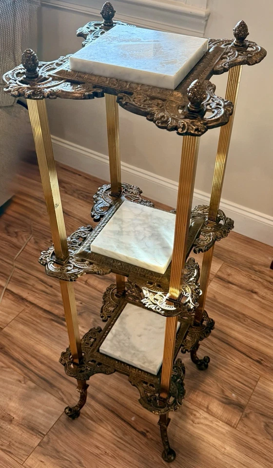 Antique Brass Plant Stand End Table Marble Victorian French Baroque 3 Tier 41”H - Image 4 of 4