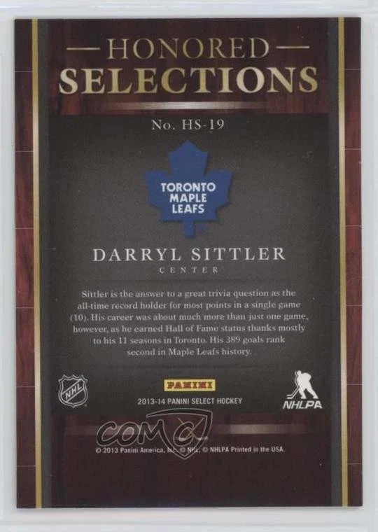 2013-14 Panini Select Honored Selections Darryl Sittler #HS-19 HOF - Image 2 of 2