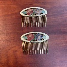 Two Vintage Cloisonn  Hair Combs Floral Rose Design Gold Tone Metal