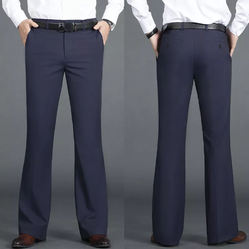 Men Bell Bottom Pants Flared Formal Dress Trousers Slim Office Work Casual  Plain