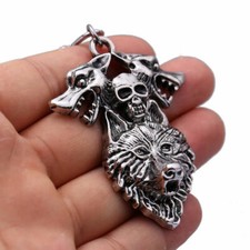 925 Sterling silver 24" necklace LARGE WOLVES WOLF SKULL HEAD BIKER pendant men