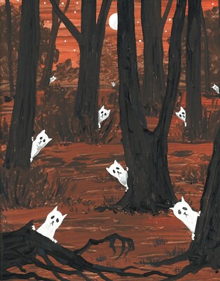 11x14 PRINT OF PAINTING RYTA HALLOWEEN GHOST BLACK CAT FOREST SPIRIT VINTAGE ART