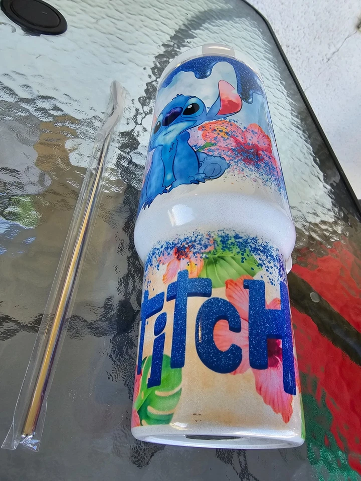 40oz Stitch Stainless Steel Shimmer Tumbler W/Handle- Shimmer Glitter Cup - - Image 4 of 4