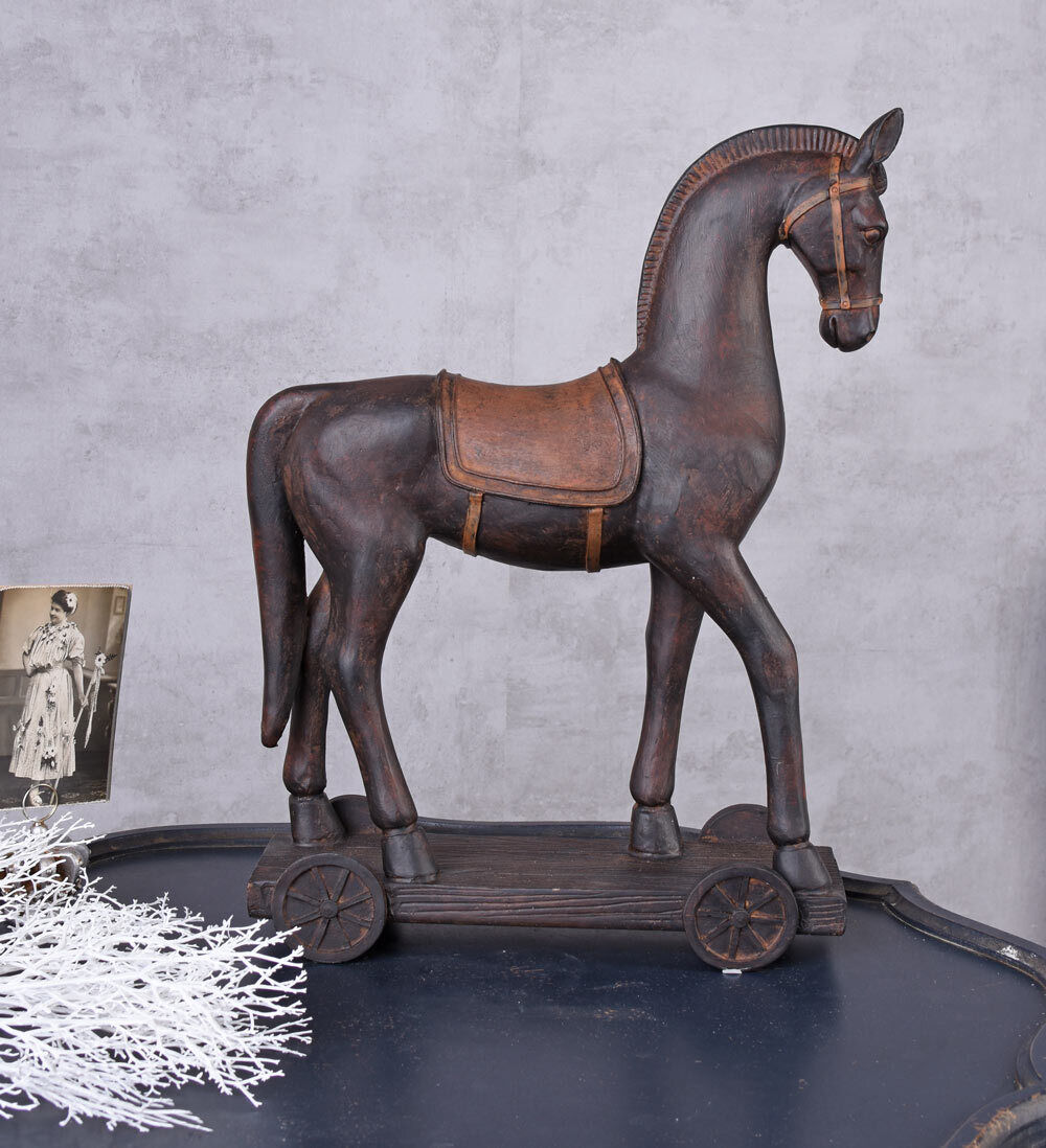 Pferd auf Rädern Pferdefigur Antik Tierfigur Vintage Skulptur Schaukelpferd 44cm