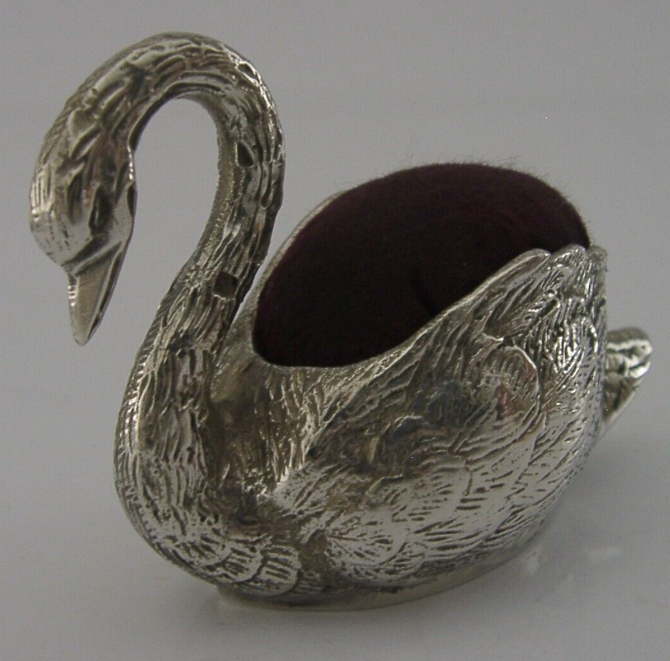 GOOD SIZE NOVELTY SOLID SILVER SWAN PIN CUSHION SEWING NEEDLEWORK 1920