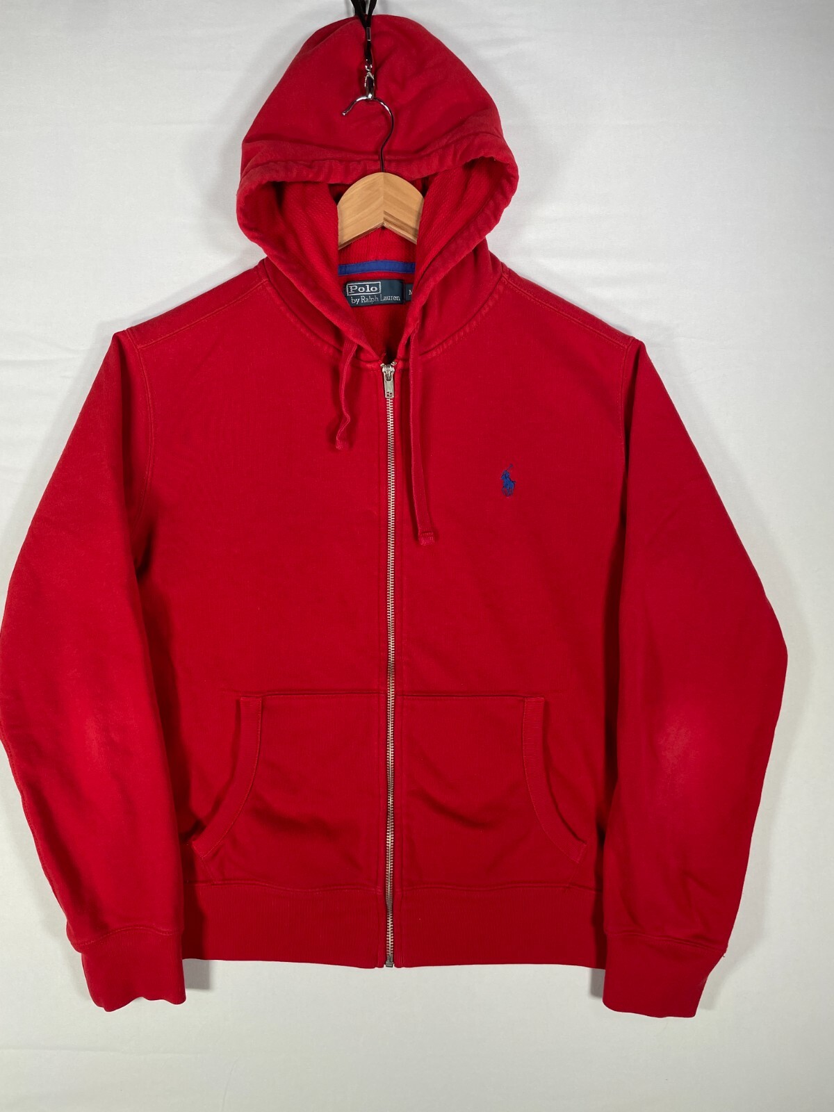 Vintage Ralph Lauren Felpa con Cappuccio Uomo Medium Rosso Blu Pony Comfort Y2K Giacca