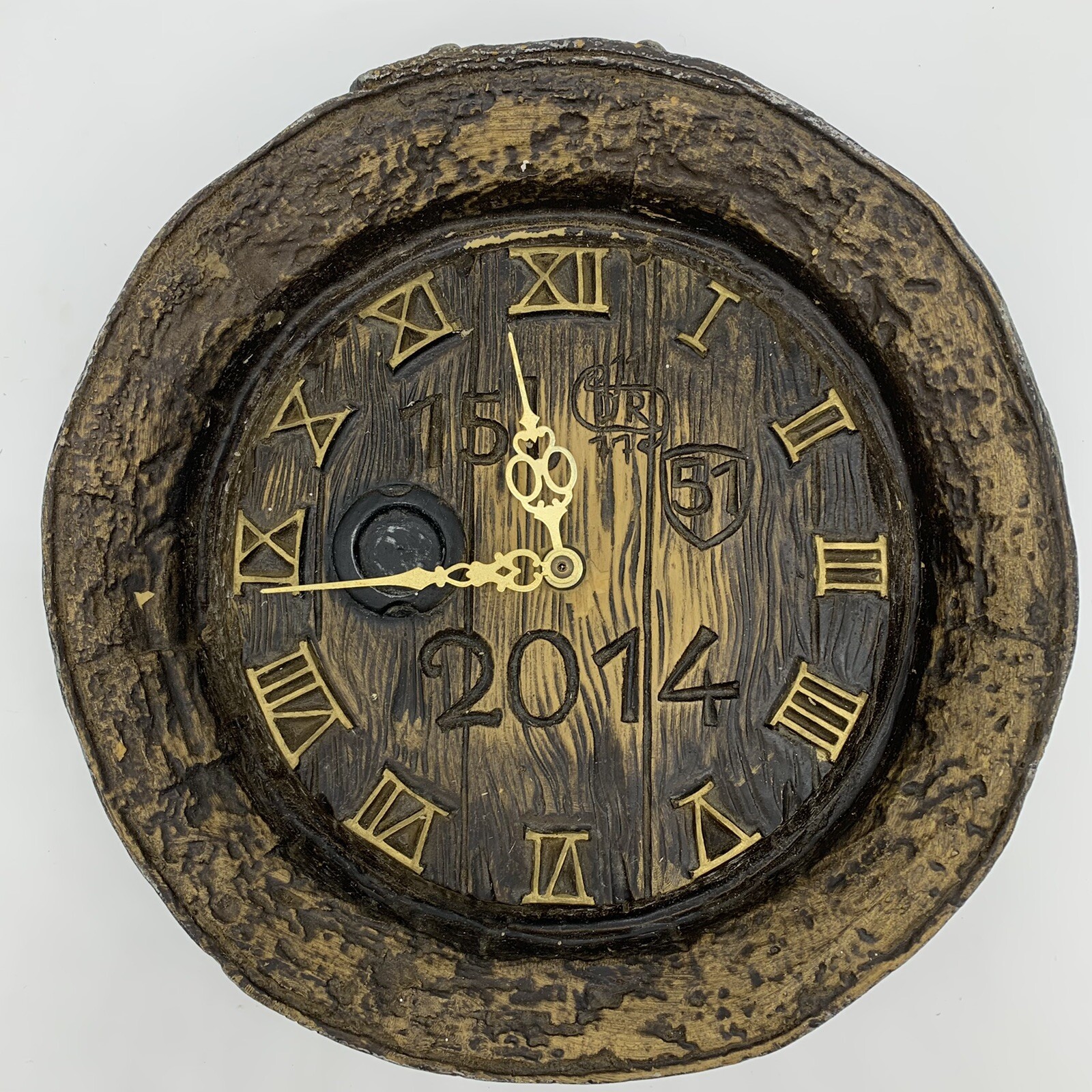 OOAK Tree Knot Wall Clock Gold Painted Roman Numerals Engraved & Painted