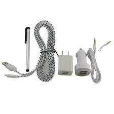 6ft long Micro USB braided Cable, Aux, Stylus,Dual Port Car  Home Charger Combo