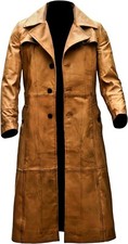 Trench Coat Mens Genuine Leather Long Coat Vintage Duster Distressed Tan Coat