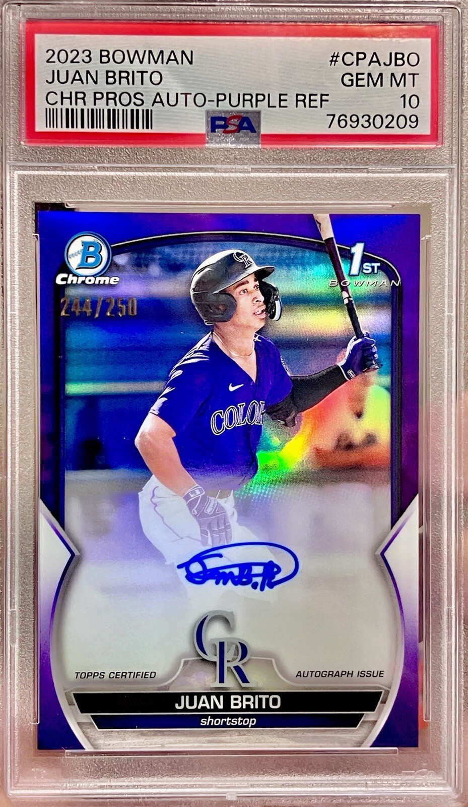 2023 Bowman Chrome Juan Brito 1st Purple Auto /250 PSA 10 Guardians Color Match