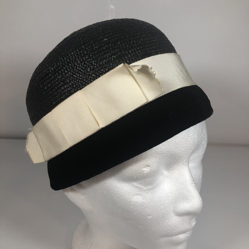 Black Straw Cloche Hat, White Grosgrain 