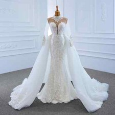 Pearl Mermaid Wedding Dresses Long Sleeve Detachable Sweep Train Bridal Gowns