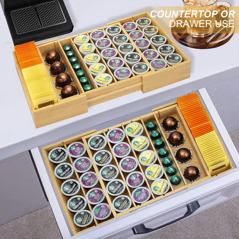 Portavasos de bambú K para cajón o encimera soporte para cápsulas de café expandible  Foto 2 de 4