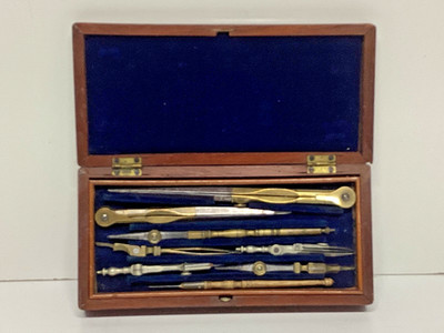 Vintage Brass & Steel Drafting Compass Set in Wood Case & Accessories