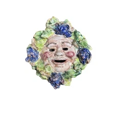 Solimene Vietri Italy Hand Painted Ceramic Bacchus Face Wall Mask Grape Majolica