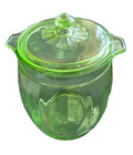 Jenkins Green Uranium Depression Glass Cookie Jar Canister Floral Etched w/ Lid — photo 1