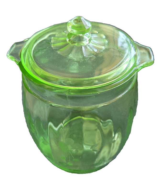 Jenkins Green Uranium Depression Glass Cookie Jar Canister Floral Etched w/ Lid