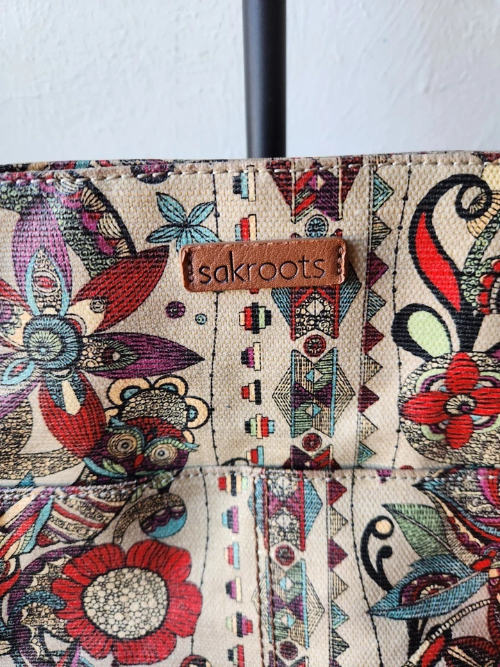 Sakroots Artist Circle Tote Bag Boho Floral Print Canvas with Owl Tassel Charm - Image 4 of 4